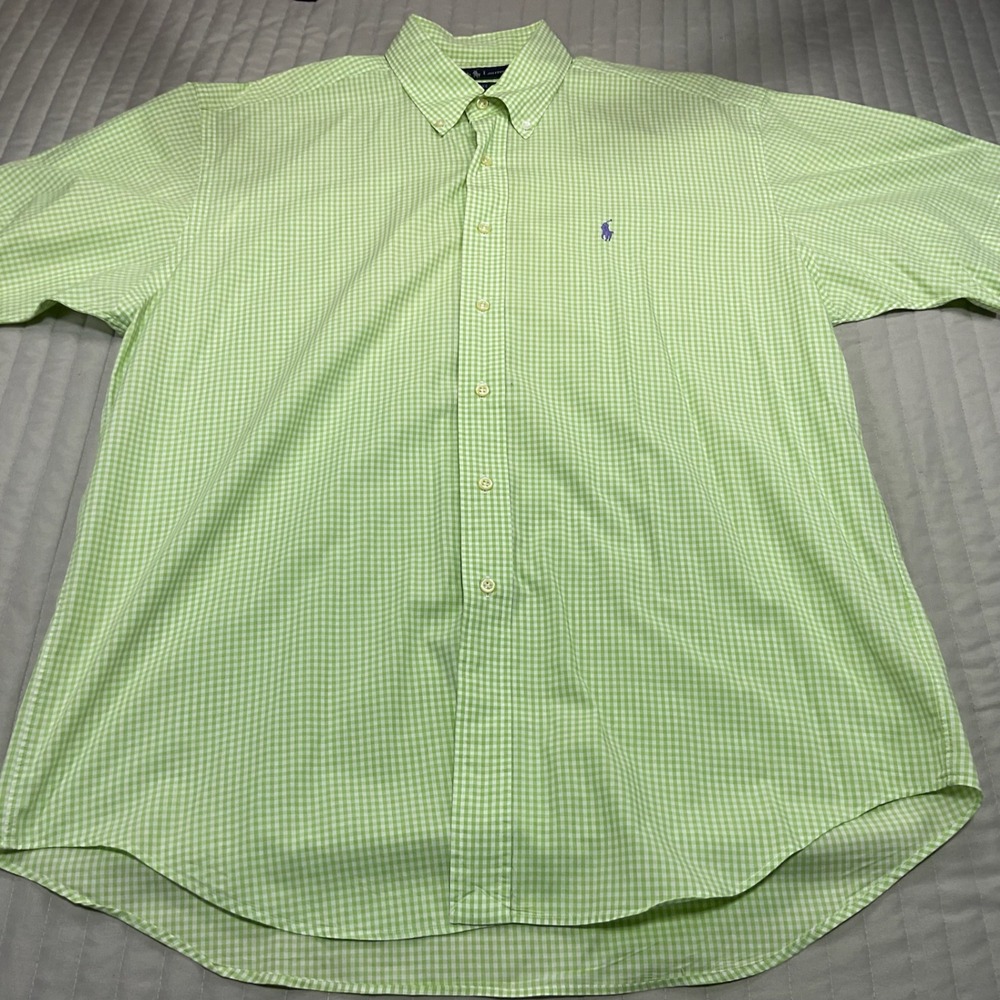 Ralph Lauren Blake Mens Green Gingham Short Sleeve Cotton Button Down Shirt Sz L - Picture 3 of 9